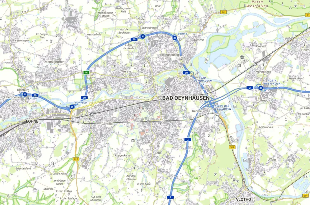 Karte von Bad Oeynhausen mit Ortsteilen (Rehme, Werste, Eidinghausen, Dehme) – Lage und Bodenrichtwerte
