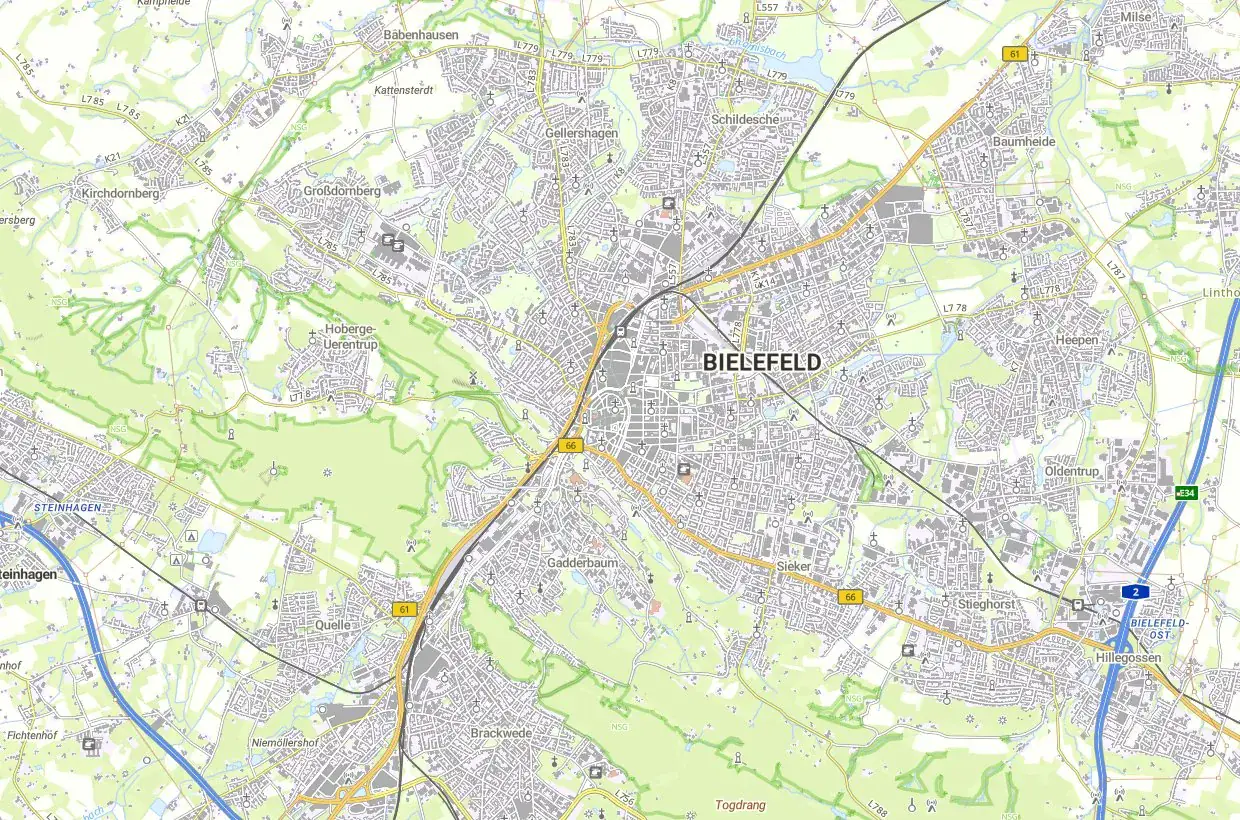 Karte von Bielefeld mit Ortsteilen – Lage und Bodenrichtwerte