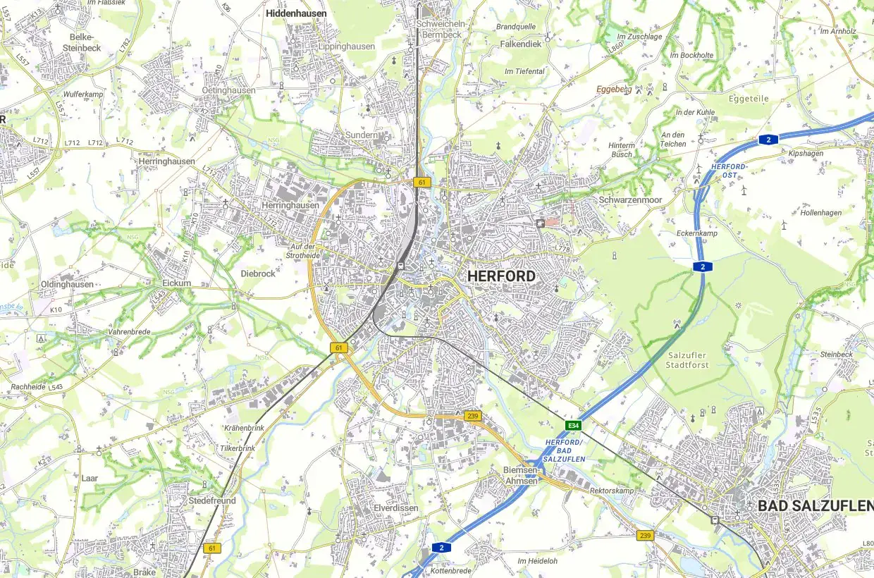 Karte von Herford mit Ortsteilen – Lage und Bodenrichtwerte
