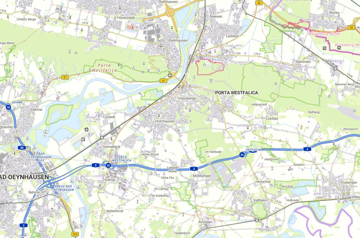 Kartenausschnitt von Porta Westfalica mit Weser, Wesergebirge und wichtigen Verkehrsachsen